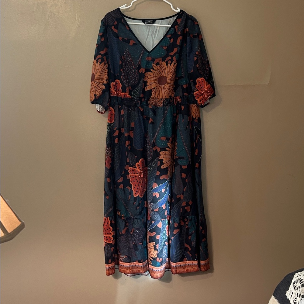 BloomChic Black and Orange Floral Midi Dress